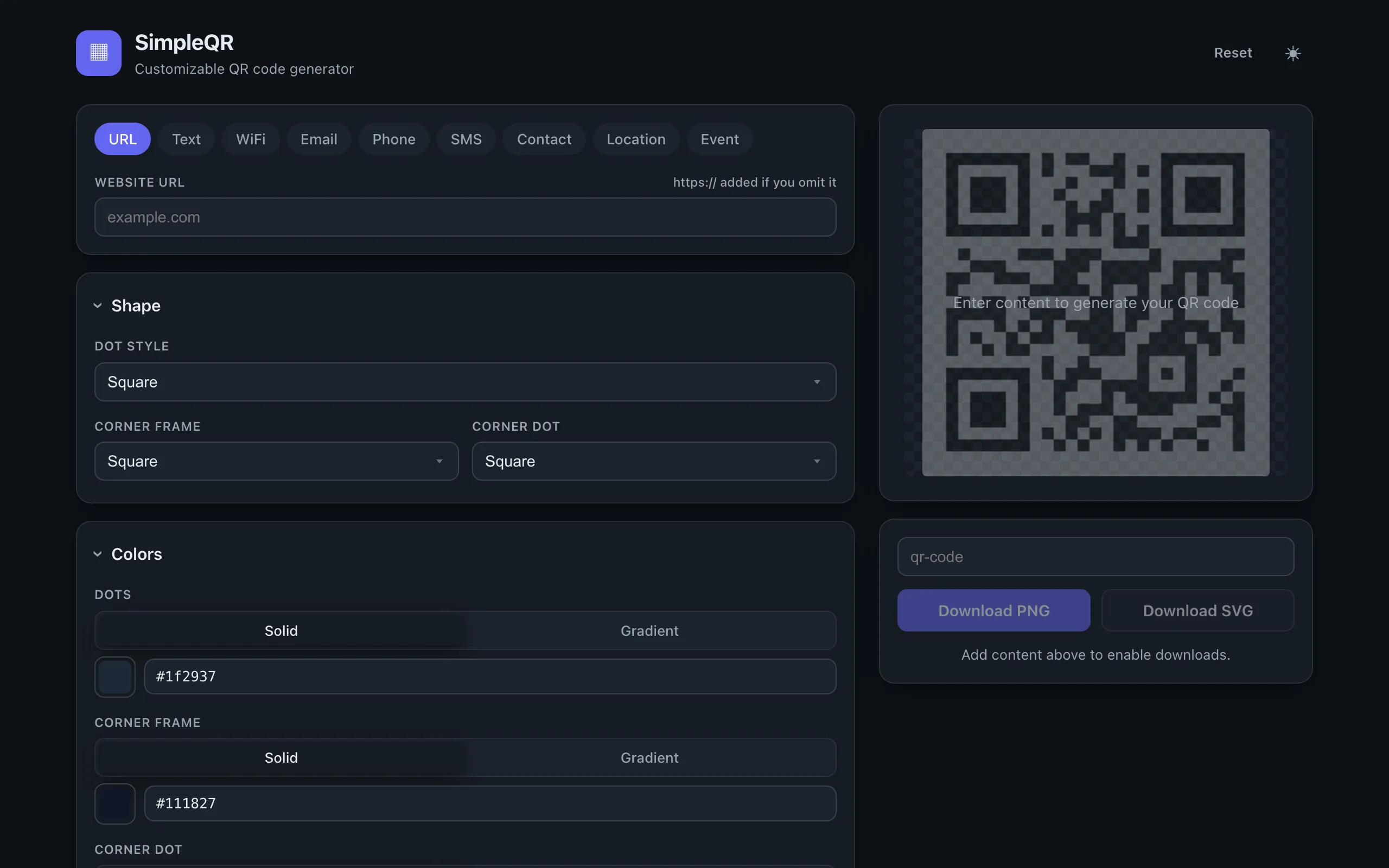 SimpleQR generator showing a styled QR code with customization controls