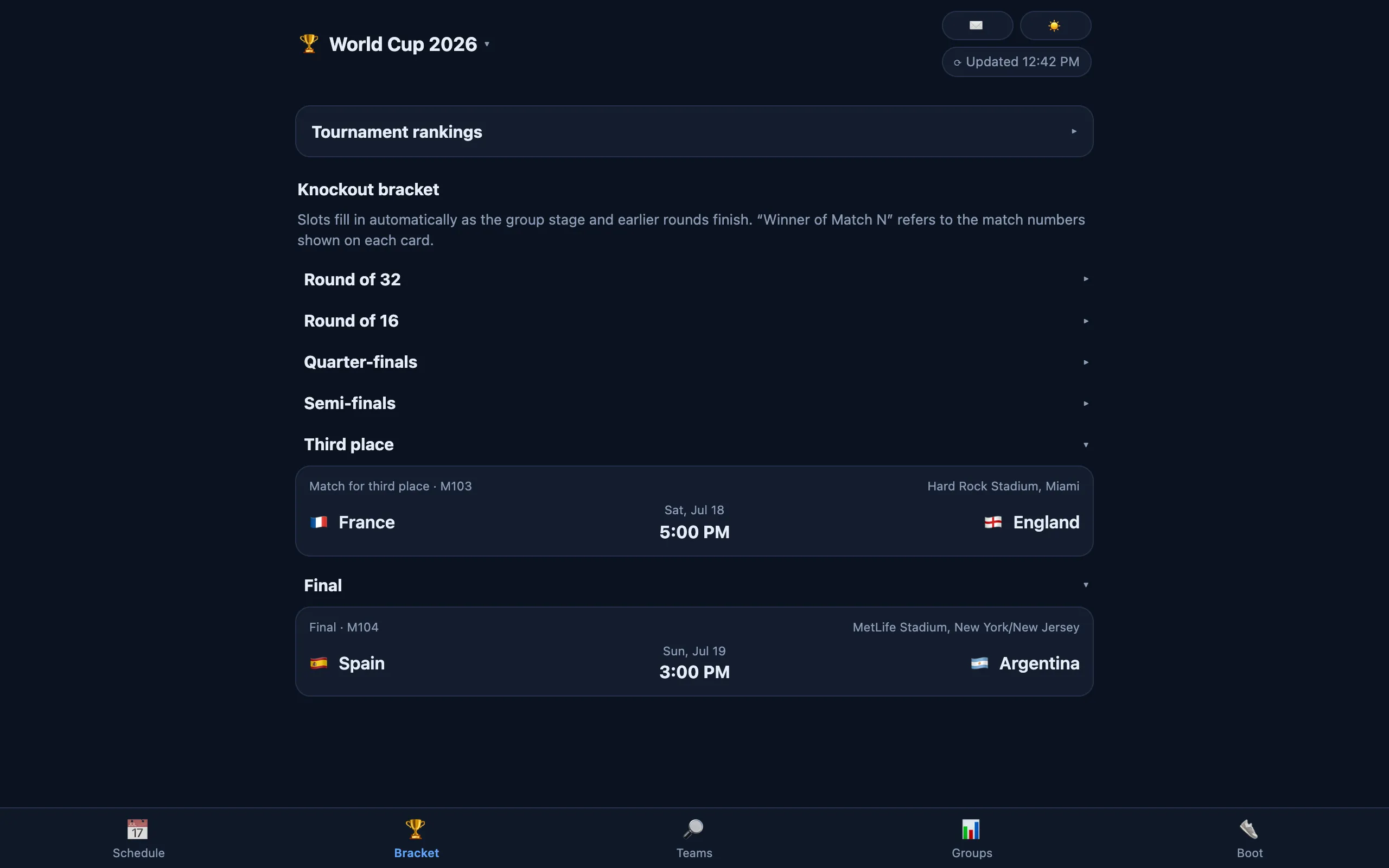World Cup 2026 app showing live group standings and team statistics